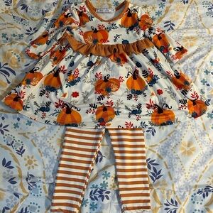 Pumpkin Print Dress and Striped Leggings Set